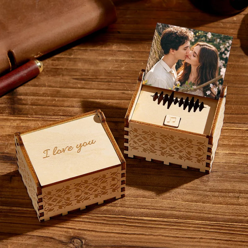 Personalized Wooden Music Box - Custom Song, Voice Recording & Engraved Text, Anniversary Gift