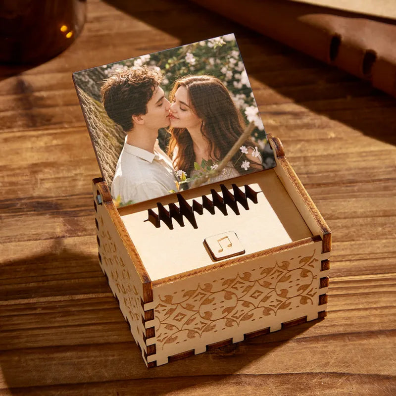 Personalized Wooden Music Box - Custom Song, Voice Recording & Engraved Text, Anniversary Gift