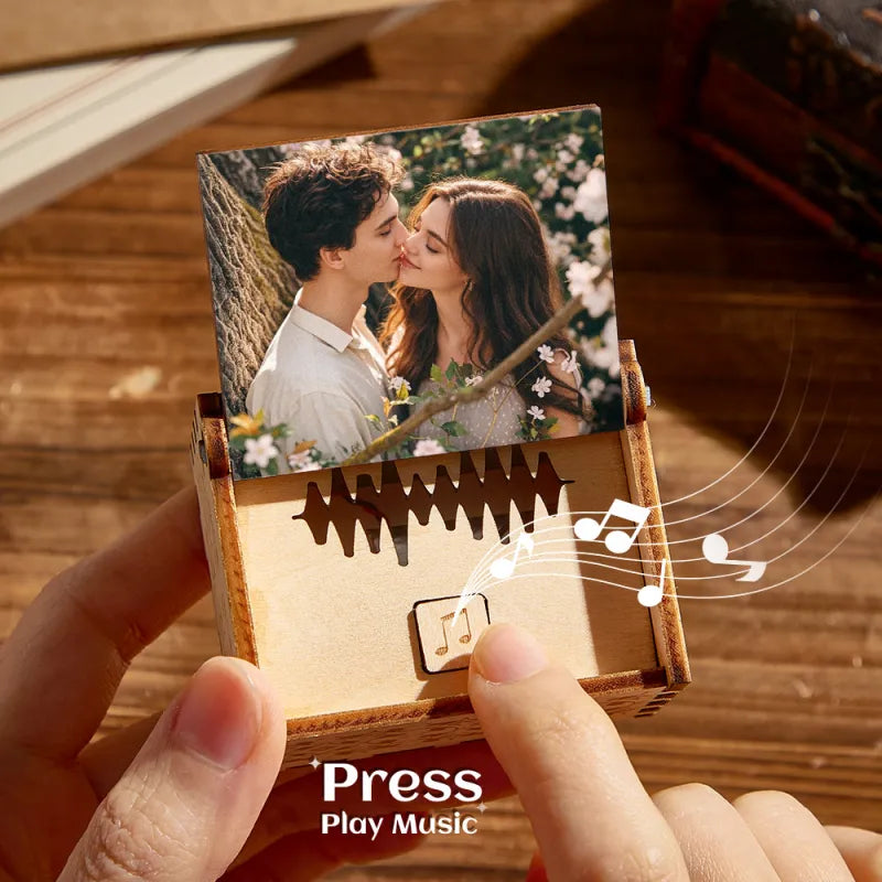 Personalized Wooden Music Box - Custom Song, Voice Recording & Engraved Text, Anniversary Gift