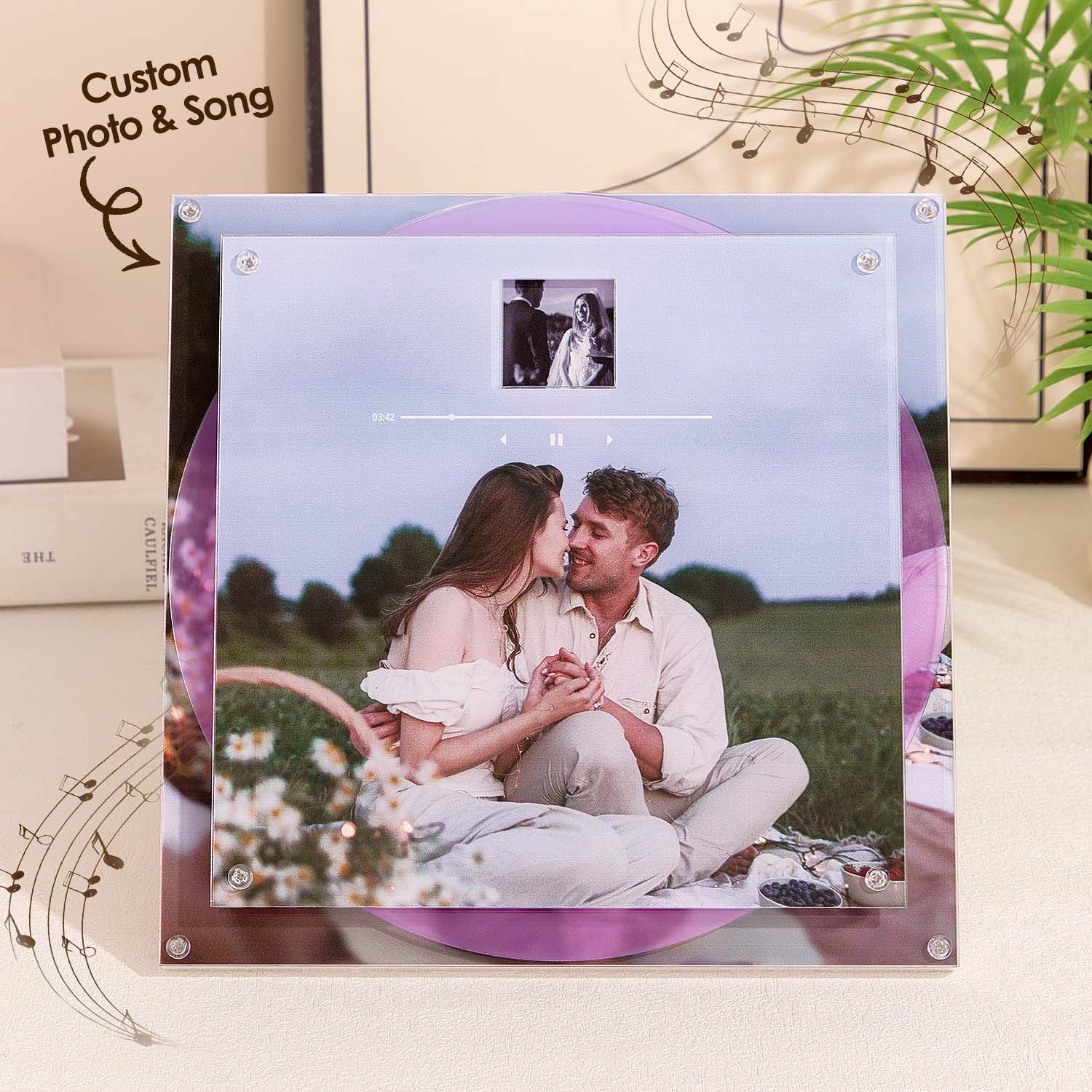 Custom Acrylic Music Photo Frame with Rotating Disc - Personalized Photo & Song, Voice Recordable Christmas Gift